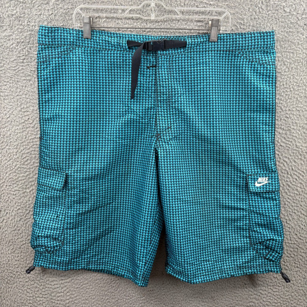 Nike Shorts Mens XL Teal Geometric Cargo Buckle Belt Drawstring Hem Outdoor